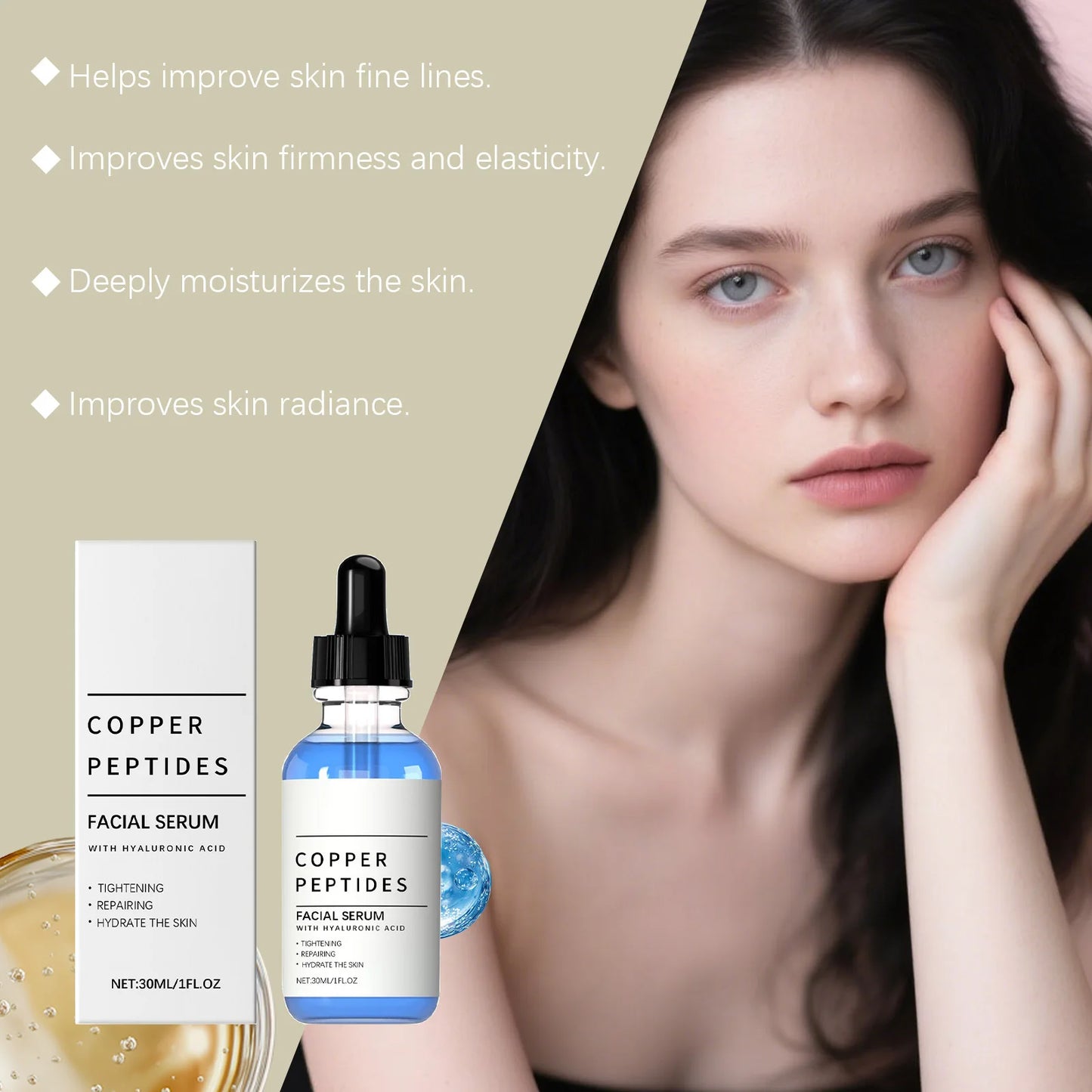 Copper Peptide Serum for Skin Firming and Deep Hydration with Hyaluronic Acid - Anti-Sagging and Texture Improvement Facial Care