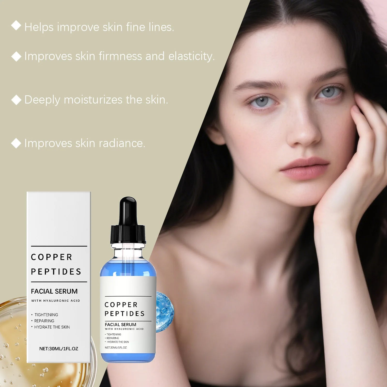 Copper Peptide Serum for Skin Firming and Deep Hydration with Hyaluronic Acid - Anti-Sagging and Texture Improvement Facial Care